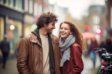 Fototapeta premium Lifestyles, relationship and multicultural concept. Happy young and beautiful couple walking in city. Joyful mood. Cityscape in background. Autumn weather. Generative AI