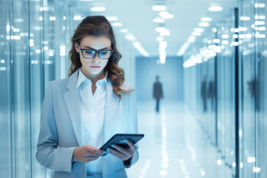 Professional woman dressed in suit and glasses holding tablet. This image can be used to depict businesswoman using technology for work or in corporate setting.