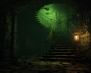 Halloween stairs to dungeon lit in ominous green light