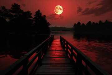 Halloween blood moon red and dark over lake in forest - obrazy, fototapety, plakaty