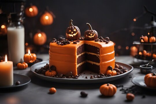 Halloween-themed cake meticulously decorated to embody the spirit of the spooky season. Showcasing intricate details, this masterpiece is ideal for festive inspirations and recipe features