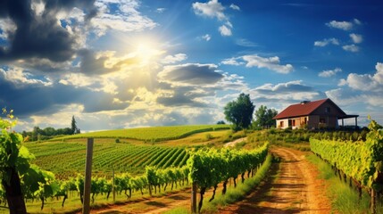 beautiful summer landscape with wineyard and little house, ai tools generated image - obrazy, fototapety, plakaty