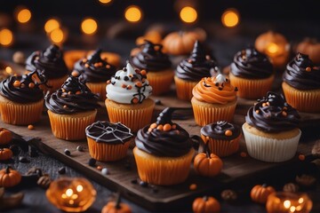Halloween-decorated cupcakes artfully designed with festive details that capture the essence of the season. An ideal reference for festive desserts, culinary creativity, and event planning.