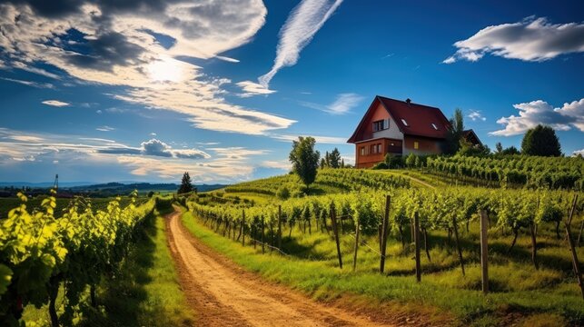 beautiful summer landscape with wineyard and little house, ai tools generated image