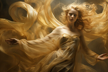Beauty, fashion, make-up and fantasy concept. Ghostly looking beautiful and sexy woman with floating in air big golden dress. Levitating model like underwater. Generative AI - obrazy, fototapety, plakaty