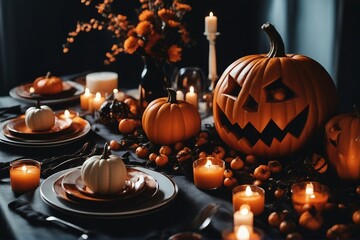 Evocative Halloween table decorations masterfully arranged to showcase the ambiance of the haunting season. This setup, laden with festive details, captures the spirit of October gatherings