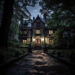 Fototapeta na wymiar Haunted and abandoned mansion in the woods under moonlight