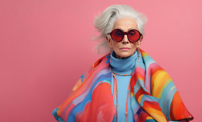 An old grandmother posing in a fashionable cloth wearing a turtleneck and a colorful cover.Summer idea with pastel pink background. - obrazy, fototapety, plakaty