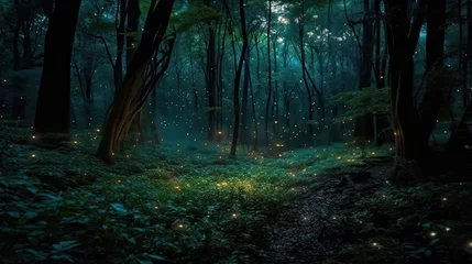 Deurstickers fireflies in night forest © neirfy