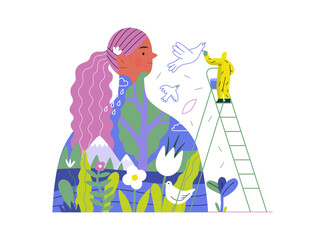 Greenery, ecology -modern flat vector concept illustration of a man painting a mural of a woman, composed with landscape. Metaphor of environmental sustainability and protection, closeness to nature