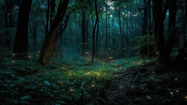 fireflies in night forest