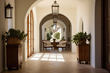 Step into the serene beauty of a Mediterranean style hallway interior, where elegance meets earthy tones, showcasing the tranquil oasis of Mediterranean aesthetics