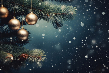 Obraz na płótnie Canvas Christmas background - baubles and branch of spruce tree, generative ai 