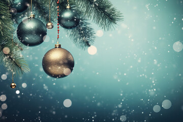 Christmas background - baubles and branch of spruce tree, generative ai  - obrazy, fototapety, plakaty