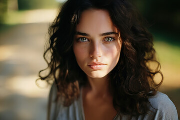 Close up portrait of beautiful young brunette woman with green eyes, outdoor, generative ai - obrazy, fototapety, plakaty