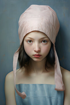 Generative AI illustration portrait of adorable confident Amish preteen girl in traditional clothes with head wrap looking at camera in blue background