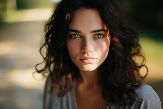 Close up portrait of beautiful young brunette woman with green eyes, outdoor, generative ai