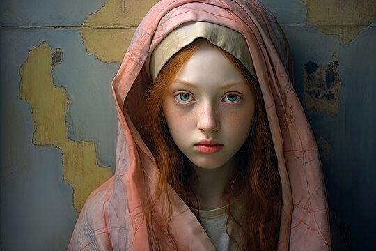 Generative AI illustration portrait of adorable confident little girl in traditional clothes with head wrap on redhead looking at camera against wallpaper background