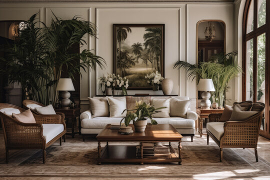 An elegant fusion of traditional British colonial style and timeless sophistication, this living room showcases vintage charm with cozy, comfortable furnishings, natural materials