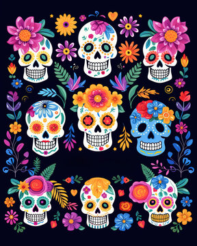 Day of the dead, Dia de los moertos, skull and flowers, generative ai 