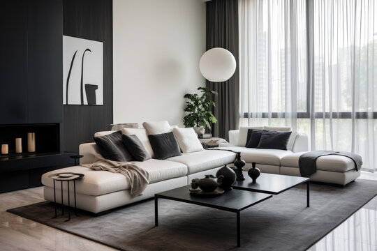 An Aesthetically Minimalist Living Room With Stylish Black And White Color Scheme, Chic Furniture, Spacious Interior, And Cozy Ambiance Enhanced By Modern Lighting, Art, Plants