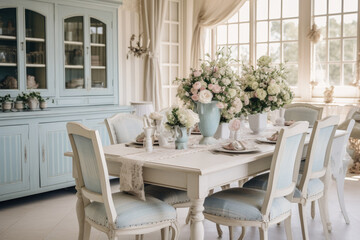 Fototapeta na wymiar Creating a Cozy and Elegant Vintage Dining Room with Distressed Furniture, Soft Pastel Colors, and Charming Vintage-Inspired Accessories.