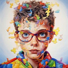 A photo of a boy made out of puzzle pieces for autism awareness.