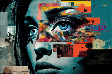Female face abstract art with colors and block shapes over eye