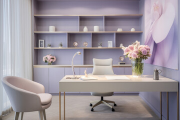 Step into the serene and sophisticated lilac oasis of this tranquil office interior, featuring light-filled spaces, organized storage solutions, soothing pastel hues, and inspiring artwork.
