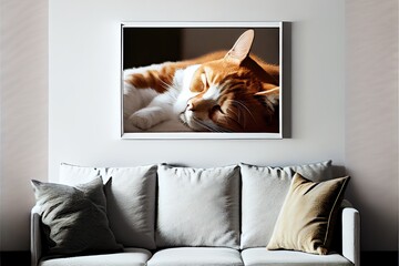 Cat sleeping painting on wall above living room couch