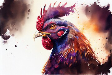 Rooster profile watercolor painting with dark color splash on white background.