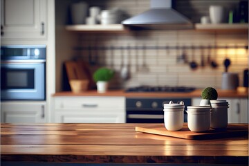 Kitchen counter wooden surface with interior in background. Shallow depth of field.
