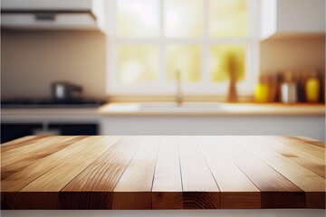 Wooden kitchen counter surface with window sunlight. Shallow depth of field.