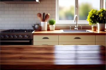 Kitchen interior with counter and sink behind window with sunlight. 3d illustration. Shallow depth of field.