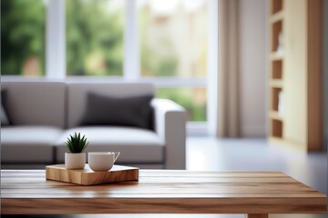 Coffee table and modern home living room interior with window and couch. Shallow depth of field. 3d illustration.