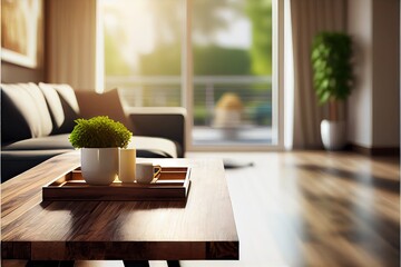 Living room interior with sunlight through window. 3d illustration. Shallow depth of field.