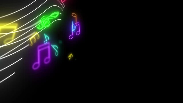 sheet music blurred in black background. Glowing music icons in black background. White song line with colorful notes