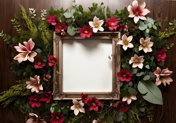 Frame with copy space decorated by the flower composition, top view.