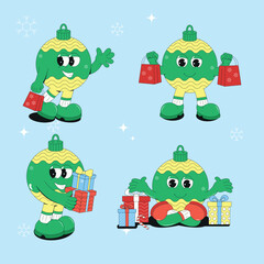 Christmas groovy characters in retro style. New Year's Eve toy for the Christmas tree. Mary Christmas and happy New Year. Trendy retro coorton vector illustration.