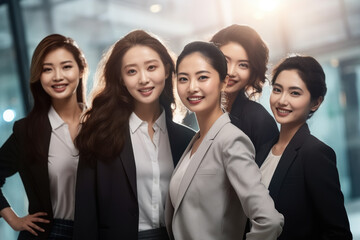 Fototapeta premium Group of Asian women standing next to each other. This versatile image can be used to represent diversity, friendship, teamwork, or any concept related to women empowerment.