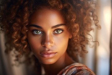 Fototapeta premium Woman female portrait model afro attractive pretty face hair beauty person black young