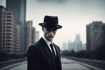 Sci-fi, UFO, alien, man in black and extraterrestrial concept. Scary looking man in cityscape background. Bald with gray skin slim man wearing black suit and hat. Generative AI - obrazy, fototapety, plakaty