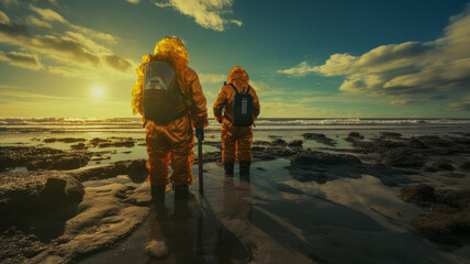 Ecological specialists in orange suits on the seaboard
