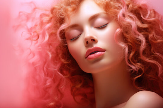 Picture of woman with vibrant red curly hair and her eyes closed. This image can be used to convey relaxation, meditation, or peacefulness. It can also be used in beauty and lifestyle contexts.