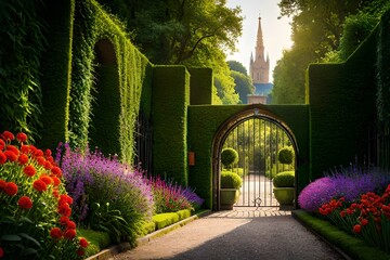  a tranquil image of a secret garden hidden behind a wrought iron gate, filled with colorful flowers and a lush, green labyrinth  - Powered by Adobe