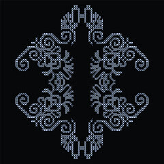 A cross stitch pattern in blue and white on a black background