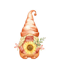 Cute fall gnome with sunflowers. - 649024677