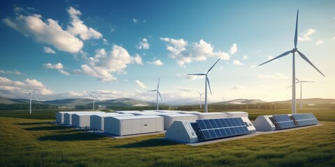 Hydrogen Storage Facility Accompanied by Wind Turbines, Solar Panels, and Integrated Fluid Networks, Exemplifying the Vision of a Global Energy Company