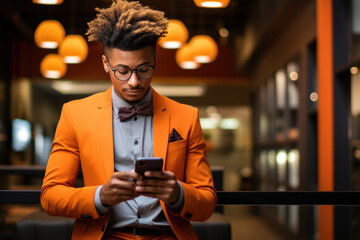 Man dressed in orange suit is looking at his cell phone. This image can be used to illustrate modern technology and communication.