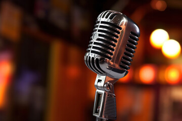 A vintage microphone in front of a blurry lit bar.